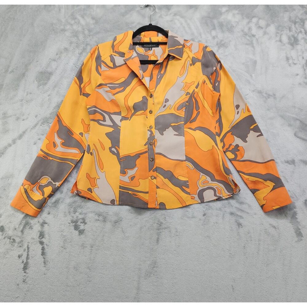 Jones New York Top Womens Size 8P Orange Swirl Silk Button Up Long Sleeves Funky